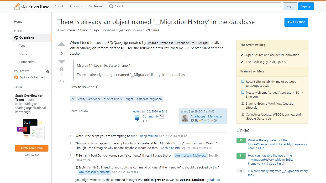 There is already an object named '__MigrationHistory' in the database